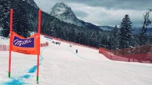 The downhill track in Garmisch-Partenkirchen, Germany is wet but ready. (photo: Laurenne Ross)