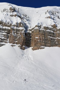 Ernesto  Rodriguez Becerra, of Jackson, Wyo., died at Grand Targhee Resort on Sunday when he fell through the cornice near the top of this photo and was swept over a cliff by an avalanche. His body was located near where the skier is standing in this photo. (photo: Bridger-Teton Avalanche Center)