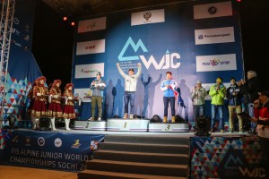 Erik Arvidsson celebrates his FIS Alpine Junior World Ski Championship downhill gold in Sochi, Russia. (photo: USSA/Chip Knight)