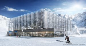 An architect's rendering of the top terminal of Soelden's new Giggijochbahn Gondola. (image: Obermoser)