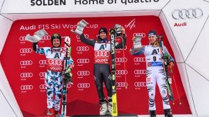 The men's podium in Sunday's season-opening World Cup giant slalom in Soelden, Austria. (photo: Agence Zoom via FIS)