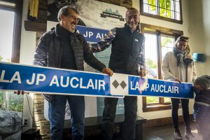 (Left to right) Jean Auclair (father of JP Auclair), Stoneham's Daniel Rochon, JP Auclair's wife Ingrid Sirois and son Leo Auclair at the trail renaming ceremony held last Thursday. (photo: Stoneham Mountain Resort)