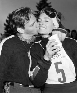 Andrea Mead Lawrence and her husband after she won gold in 1952. (photo: Getty Images-Bettmann via USSA)