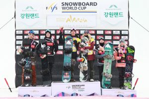 Women's and men's podium of Olympic test event big air World Cup staged at Alpensia Ski Stadium in South Korea on Nov 26, 2016 shows (L to R): Ryan Stassel (USA) 3rd, Max Parrot (CAN) 2nd, Mark McMorris (CAN) 1st, Anna Gasser (AUT) 1st, Julia Marino (USA) 2nd and Katie Ormerod (GBR) 3rd. (photo: LOC)