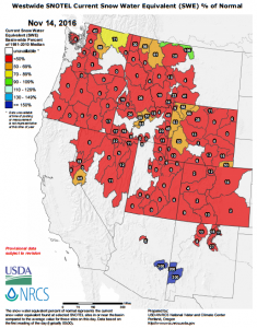 Snowpack numbers across the western U.S. as of Nov. 14, 2016. (image: USDA)