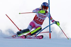 Mikaela Shiffrin (USA) was the first competitor down the first run in the Audi FIS Ski World Cup Slalom at Killington in central Vermont on Sunday, November 27, 2016. Shiffrin’s time of 43.30 put her in the lead by 0:65 after the first run. (FTO photo: Martin Griff)