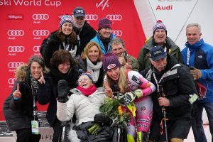 Mikaela Shiffrin (USA) poses with her family including her 95 year-old grandmother Polly Condron after winning the Slalom at the Audi FIS Ski World Cup at Killington in central Vermont on Sunday, November 27, 2016. (FTO photo: Martin Griff)