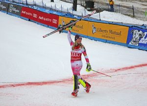 Mikaela Shiffrin celebrates victory in Killington last winter. (FTO photo: Martin Griff)