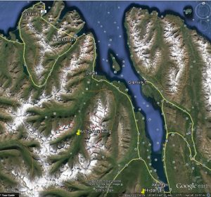 The faint orange lines approximate Arctic Heli Skiing's typical flying area. Pushpins locate Klængshóll Lodge and Hlidarfjall Ski Area.