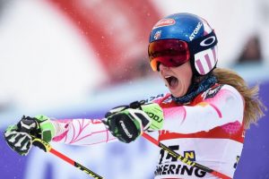 Mikaela Shiffrin celebrates in the finish after winning Tuesday's GS in Semmering, Austria. (photo: Getty Images/Agence Zoom-Laurent Salino)