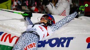 Slovakia’s Veronika Velez Zuzulova celebrates victory tonight in Zagreb, Croatia. (photo: FIS/Agence Zoom)