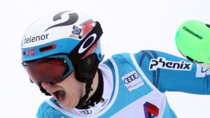 Norway's Henrik Kristoffersen celebrates victory on Sunday in Adelboden, Switzerland. (photo: FIS/Agence Zoom)