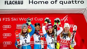 A rare four-person podium at Tuesday night's slalom in Flachau, Austria. (photo: FIS/Agence Zoom)