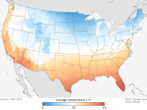Average January temperatures across the contiguous United States (1981-2010). Much of the northern tier of the country has temperatures well below freezing in January. Map by NOAA Climate.gov, based on PRISM Climate Normals from Oregon State University. 