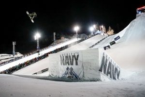 Hailey Langland stomped a Cab double cork 1080 in Thursday night's Snowboard Big Air, the first time that trick has been landed during X Games competition. (photo: Chris Tedesco/ESPN)