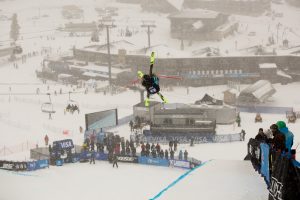 Kyle Smaine, of South Lake Tahoe, Calif., competes in the Freeskiing halfpipe finals at the 2016 Visa Freeskiing Grand Prix at Mammoth Mountain, Calif. (photo: USSA)