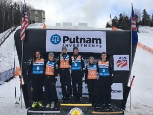 L to R: Eric Loughran, Ashley Caldwell, Kiley McKinnon, Mac Bohonnon, Winter Vinecki and Chris Lillis were the top U.S. finishers at the aerials nationals held in Lake Placid, N.Y. on Thursday. (photo: USSA)