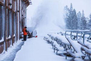 Today, a Mt. Rose Ski Tahoe employee clears another 10-16” of new snow that fell overnight. The resort has tallied 29-40” of new snow over the past 48 hours, and forecasts call for up to another two feet for the rest of the day today. (photo: Mt. Rose Ski Tahoe)