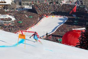 Steven Nyman of Sundance, Utah is the first down the course in front of 50,000 fans at Saturday’s Hahnenkamm Downhill in Kitzbuehel, Austria. (photo: Getty Images/Agence Zoom-Alexis Boichard via USSA)