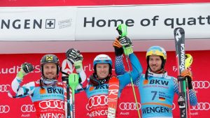 Sunday's men's World Cup slalom podium in Wengen, Switzerland. (photo: FIS/Agence Zoom)