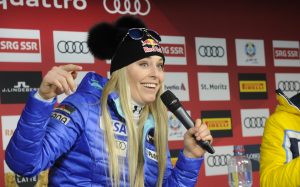 Lindsey Vonn speaks to media after her bronze medal in the downhill at the 2017 FIS Alpine World Ski Championships in St. Moritz. (photo: Tom Kelly)