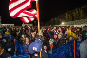 An estimated 10,000 fans were on hand Saturday night to watch World Cup dual moguls action at Deer Valley Resort in Park City, Utah. (photo: Steven Earl)