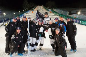 The U.S. Freestyle Ski Team celebrates Morgan Schild's victory on Thursday night in Deer Valley. (photo: USSA)