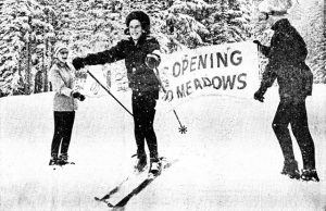 1948 Olympic gold medalist Gretchen Fraser officially opens Meadows on January 26, 1968. (photo: Mt. Hood Meadows)