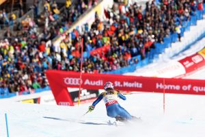 Mikaela Shiffrin, of Eagle, Colo., skis into the finish at Saturday’s FIS Alpine Ski World Championships slalom in St. Moritz, Switzerland (photo: Getty Images/Agence Zoom-Alexis Boichard via USSA)