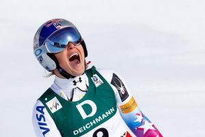 Vonn celebrates her podium result on Sunday. (photo: Getty Images/Agence Zoom-Giovanni Auletta via USSA)