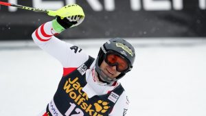 Austrian ski racer Michael Matt celebrates his career's first World Cup victory in Slovenia on Sunday. (photo: FIS/Agence Zoom)