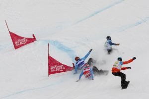 A crash during today's men's Team SBX at the 2017 FIS Snowboard World Championships in Sierra Nevada, Spain. (photo: Oliver Kraus)