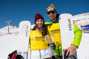 Bulgaria's Radoslav Yankov poses with Russia's Alena Zavarzina and their overall World Cup Crystal Globe in Kayseri, Turkey on Sunday. (photo: Miha Matavz/FIS)