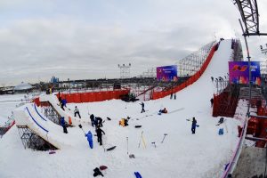 Workers prepare the aerials ramp in Moscow, Russia for this weekend's World Cup competition. (photo: FIS)