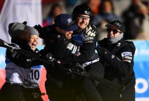 Jon Lillis and teammates celebrate his World Championship aerials win on Friday night in Sierra Nevada, Spain. (photo: Getty Images / David Ramos via USSA)