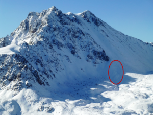 Saturday's avalanche occurred in a wind-loaded zone low on Imp Peak (10,100') in Montana's Madison Range. (photo: Gallatin National Forest Avalanche Center)