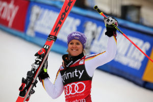 Germany’s Viktoria Rebensburg takes first place in the women’s Audi FIS Ski World Cup giant slalom race at Killington in Vermont on Saturday, November 25, 2017. (FTO photo: Martin Griff)