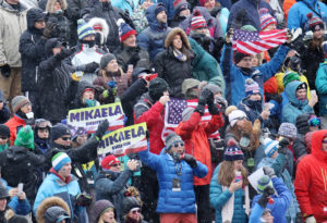 Fans cheer on U.S.A.’s Mikaela Shiffrin during second run of the women’s Audi FIS Ski World Cup slalom race at Killington in Vermont on Sunday, November 26, 2017. (FTO file photo: Martin Griff)