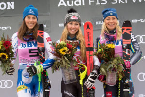 Slovakia's Petra Vhlova (left) was second, Mikaela Shiffrin first, and Sweden's Frida Hansdotter third in Sunday's FIS World Cup slalom in Killington, Vt. (photo: USSA/Reece Brown)