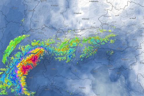 Bergfex chart showing expected snowfall totals in the Alps between 15 and 17 April 2025 with the darker pinks and purples suggesting the potential for over 1m of new snow – Weather to ski – Today in the Alps, 15 April 2025