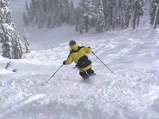 Breaking into the open below Alpental's Dom. (Skier: Scott Bly, Photo: James Bennett/J&E Productions)