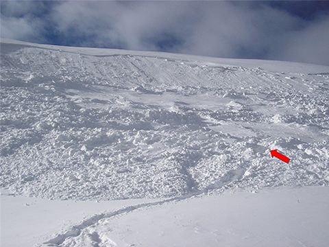 Footprints lead to a red arrow that points out the location where Winter was buried.