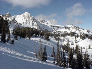 Mt. Ogden looms above Snowbasin's slopes. (photo: Marc Guido)