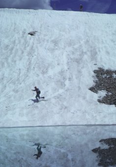 Author Bob Berwyn teles down the face of a drift at A-Basin. (photo Christine Berwyn)