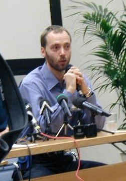Finnish cross country skier Mika Myllyla at a press conference during the doping scandal in 2001.