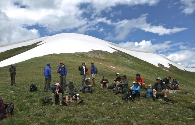 A lunch break during a July tour to the site of the proposed new Peak 6 chair at Breckenridge under the alternative preferred by the resort. (photo: Bob Berwyn)