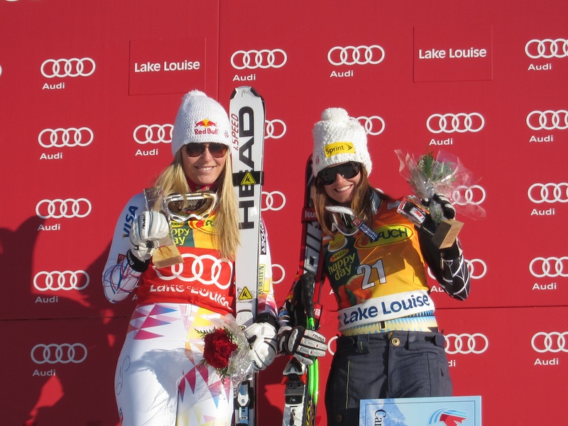 Lindsey Vonn, left, and Julia Mancuso after finishing first and third in the super G on Sunday at Lake Louise, Canada. (photo: Doug Haney/U.S. Ski Team)