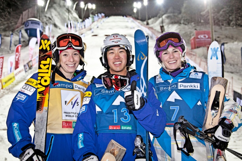 Saturday's World Cup moguls season opener in Finland was a big one for the U.S. Freestyle Ski team. On the podium were women's winner Hannah Kearney, Sho Kashima and Eliza Outtrim. (photo: Garth Hager)