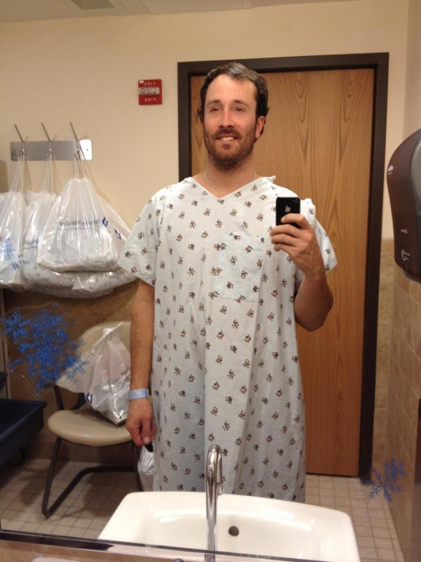 "Personally if I was going to pick a dress to wear, I'd at least have chosen one that would cover my butt when I had to get up," snowboarder Seth Wescott posted from his hospital room in Vail, Colo. on Monday. (photo: Facebook)