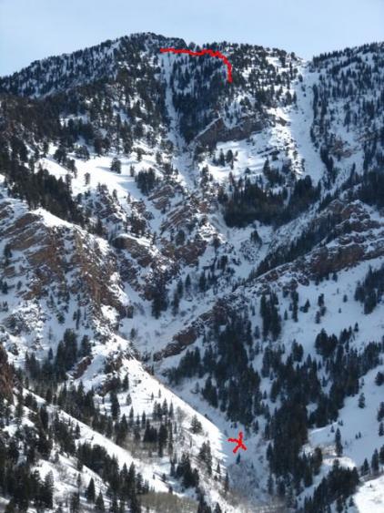 In this photo from the Utah Avalanche Center of the avalanche on Kessler Peak that killed Alecsander Barton on Saturday, the slide's crown is marked with a red wavy line, while Barton's body was discovered near the red X. (photo: UAC)